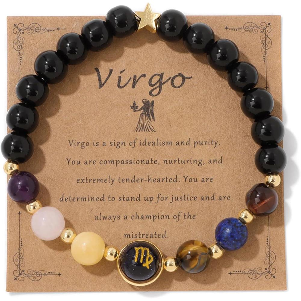 image:imageZodiac Bracelets for Women 12 Constellations 8mm Healing Crystal Bracelet Mens Black Beaded Bracelets Natural Stone Bracelets Birthstone Gifts Zodiac Gifts for WomenVirgo