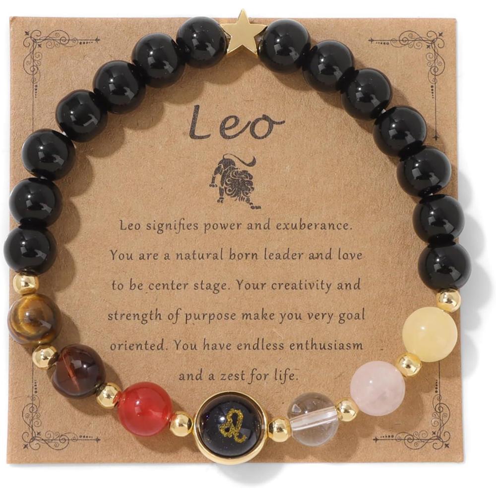 image:imageZodiac Bracelets for Women 12 Constellations 8mm Healing Crystal Bracelet Mens Black Beaded Bracelets Natural Stone Bracelets Birthstone Gifts Zodiac Gifts for WomenLeo
