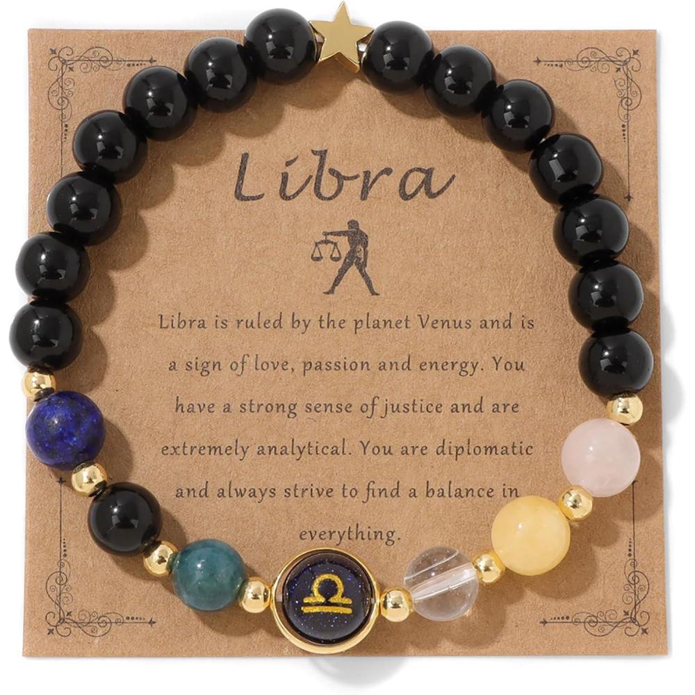 image:imageZodiac Bracelets for Women 12 Constellations 8mm Healing Crystal Bracelet Mens Black Beaded Bracelets Natural Stone Bracelets Birthstone Gifts Zodiac Gifts for WomenLibra