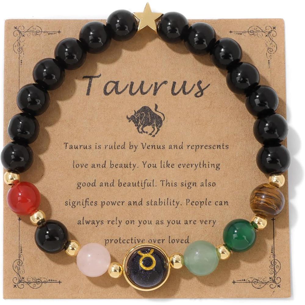 image:imageZodiac Bracelets for Women 12 Constellations 8mm Healing Crystal Bracelet Mens Black Beaded Bracelets Natural Stone Bracelets Birthstone Gifts Zodiac Gifts for WomenTaurus
