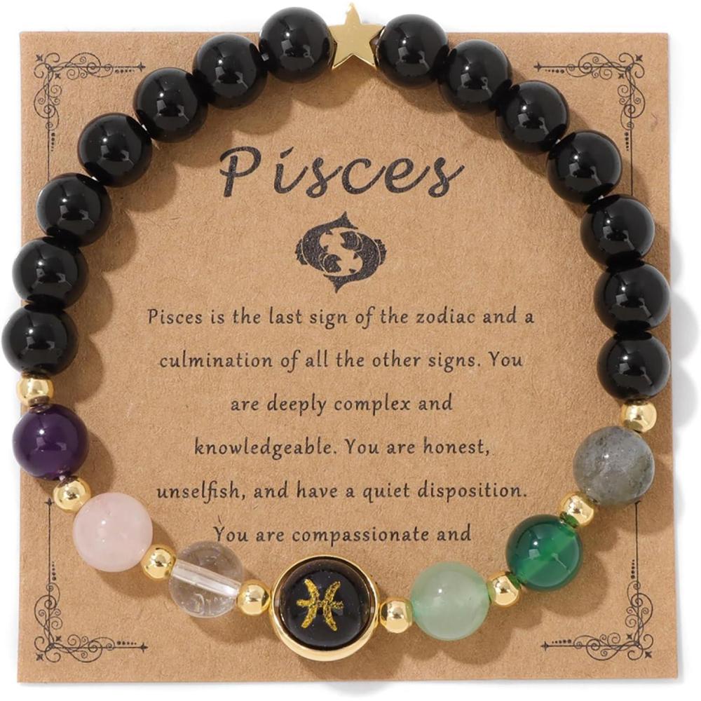 image:imageZodiac Bracelets for Women 12 Constellations 8mm Healing Crystal Bracelet Mens Black Beaded Bracelets Natural Stone Bracelets Birthstone Gifts Zodiac Gifts for WomenPisces