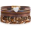 Brown Leather Bracelets for Men Boho Handmade Wrap Bracelets Stackable Sparkling Heart Bracelet Crystal Bead Cuff Bracelet with Magnetic Clasp, Birthday Christmas Jewelry Gifts for Women Men