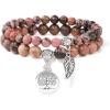 Healing Crystal Bracelet for Women Boho Tree of Life and Leaf Charm Bracelet Crystal Beaded Bracelets Anxiety Spiritual Gemstone Bracelet Natural Stone Stretch Bracelets Healing Gifts for Women(rhodonite)