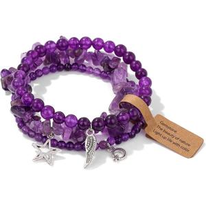 3Pcs Crystal Bracelet for Women Handmade Crystals and Healing Stones Bracelets Natural Stone Beaded Bracelets Set Star Moon Feather Boho Bracelets Birthday Gifts for Women Girls(Amethyst)