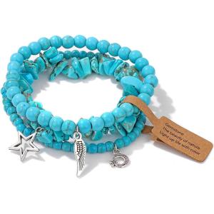 3Pcs Crystal Bracelet for Women Handmade Crystals and Healing Stones Bracelets Natural Stone Beaded Bracelets Set Star Moon Feather Boho Bracelets Birthday Gifts for Women Girls(turquoise)