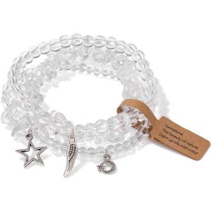 3Pcs Crystal Bracelet for Women Handmade Crystals and Healing Stones Bracelets Natural Stone Beaded Bracelets Set Star Moon Feather Boho Bracelets Birthday Gifts for Women Girls(clear quartz)