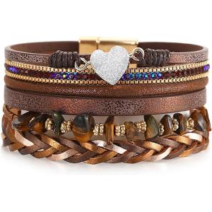 Brown Leather Bracelets for Men Boho Handmade Wrap Bracelets Stackable Sparkling Heart Bracelet Crystal Bead Cuff Bracelet with Magnetic Clasp, Birthday Christmas Jewelry Gifts for Women Men