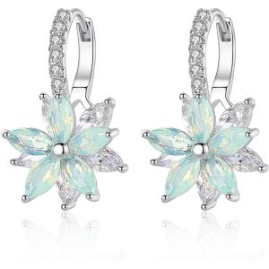 Flower Earrings for Women Trendy 18K White Gold Plated Cubic Zirconia Hypoallergenic Drop Earrings Floral Jewelry for Women(Green Flower)