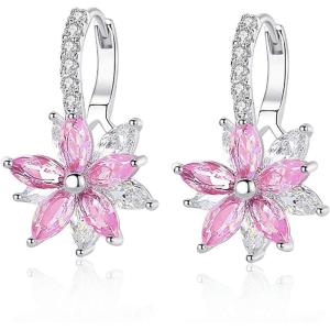 Flower Earrings for Women Trendy 18K White Gold Plated Cubic Zirconia Hypoallergenic Drop Earrings Floral Jewelry for Women(Pink Flower)