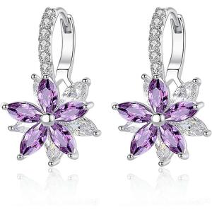 Flower Earrings for Women Trendy 18K White Gold Plated Cubic Zirconia Hypoallergenic Drop Earrings Floral Jewelry for Women(Purple Flower)