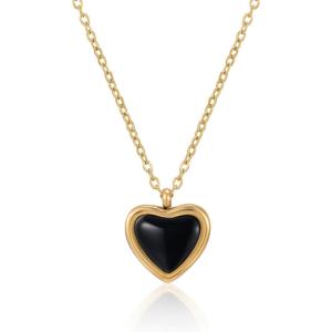Gold Heart Necklaces for Women Dainty 14K Gold Plated Adjustable Heart Shaped Necklace Heart Crystal Pendant Necklace Heart Jewelry for Women(black tourmaline)