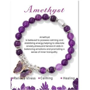 Healing Crystal Bracelet for Women 8mm Adjustable Butterfly Charm Bracelet Crystal Beaded Bracelets Butterfly Bracelets for Women Girls(Amethyst)