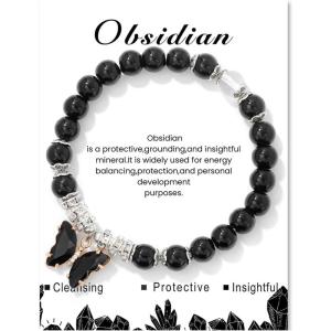 Healing Crystal Bracelet for Women 8mm Adjustable Butterfly Charm Bracelet Crystal Beaded Bracelets Butterfly Bracelets for Women Girls(Black Tourmaline)
