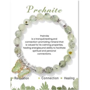 Healing Crystal Bracelet for Women 8mm Adjustable Butterfly Charm Bracelet Crystal Beaded Bracelets Butterfly Bracelets for Women Girls(Prehnite)