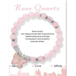 Healing Crystal Bracelet for Women 8mm Adjustable Butterfly Charm Bracelet Crystal Beaded Bracelets Butterfly Bracelets for Women Girls(Rose Quartz)