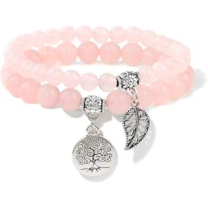Healing Crystal Bracelet for Women Boho Tree of Life and Leaf Charm Bracelet Crystal Beaded Bracelets Anxiety Spiritual Gemstone Bracelet Natural Stone Stretch Bracelets Healing Gifts for Women(rose quartz)