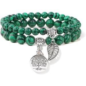 Healing Crystal Bracelet for Women Boho Tree of Life and Leaf Charm Bracelet Crystal Beaded Bracelets Anxiety Spiritual Gemstone Bracelet Natural Stone Stretch Bracelets Healing Gifts for Women(malachite)