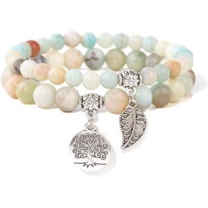 Healing Crystal Bracelet for Women Boho Tree of Life and Leaf Charm Bracelet Crystal Beaded Bracelets Anxiety Spiritual Gemstone Bracelet Natural Stone Stretch Bracelets Healing Gifts for Women(amazonite)