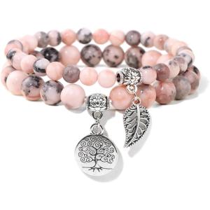 Healing Crystal Bracelet for Women Boho Tree of Life and Leaf Charm Bracelet Crystal Beaded Bracelets Anxiety Spiritual Gemstone Bracelet Natural Stone Stretch Bracelets Healing Gifts for Women(pink zebra jasper)