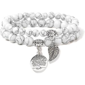 Healing Crystal Bracelet for Women Boho Tree of Life and Leaf Charm Bracelet Crystal Beaded Bracelets Anxiety Spiritual Gemstone Bracelet Natural Stone Stretch Bracelets Healing Gifts for Women(white turquoise)