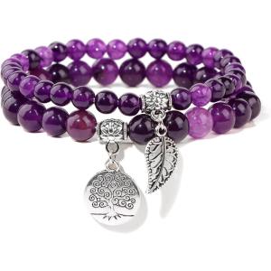 Healing Crystal Bracelet for Women Boho Tree of Life and Leaf Charm Bracelet Crystal Beaded Bracelets Anxiety Spiritual Gemstone Bracelet Natural Stone Stretch Bracelets Healing Gifts for Women(amethyst)