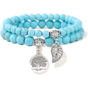 Healing Crystal Bracelet for Women Boho Tree of Life and Leaf Charm Bracelet Crystal Beaded Bracelets Anxiety Spiritual Gemstone Bracelet Natural Stone Stretch Bracelets Healing Gifts for Women(turquoise)