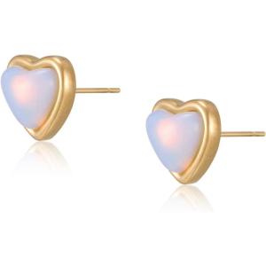 Heart Stud Earrings for Women 10mm 14K Gold Plated Handmade Heart Crystal Earrings Gemstone Earrings Birthstone Jewelry Gifts for Mother Daughter Wife Mom Girlfriend Her(moonstone)
