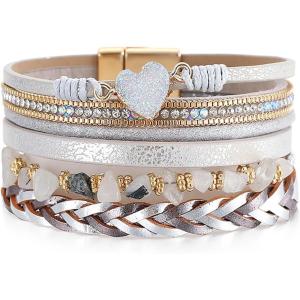Leather Wrap Bracelets for Women Boho Trendy Handmade Stacked Sparkling Heart Bracelet Crystal Beads Cuff Bracelet with Magnetic Clasp, Valentine’s Day Gifts for Women Teens Girls(Gray)
