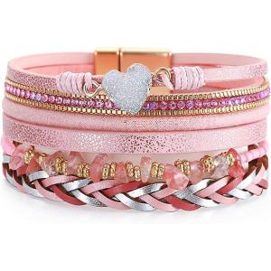 Leather Wrap Bracelets for Women Boho Trendy Handmade Stacked Sparkling Heart Bracelet Crystal Beads Cuff Bracelet with Magnetic Clasp, Valentine’s Day Gifts for Women Teens Girls(Pink)