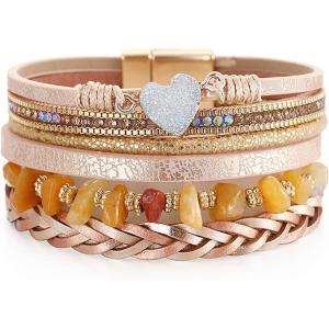 Rose Gold Leather Bracelets for Women Boho Handmade Wrap Bracelets Stackable Sparkling Heart Bracelet Crystal Bead Cuff Bracelet with Magnetic Clasp, Birthday Christmas Jewelry Gifts for Women
