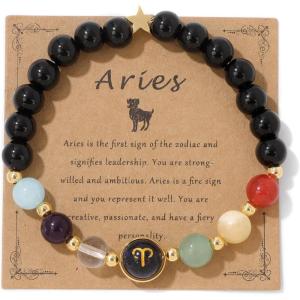 Zodiac Bracelets for Women 12 Constellations 8mm Healing Crystal Bracelet Mens Black Beaded Bracelets Natural Stone Bracelets Birthstone Gifts Zodiac Gifts for Women(Aries)