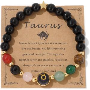Zodiac Bracelets for Women 12 Constellations 8mm Healing Crystal Bracelet Mens Black Beaded Bracelets Natural Stone Bracelets Birthstone Gifts Zodiac Gifts for Women(Taurus)