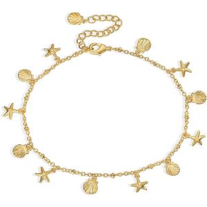 Lit Wall Gold Anklets for Women 18K Gold Plated Adjustable Summer Simple Foot Jewelry Ankle Bracelet for Women(Shell and Starfish)